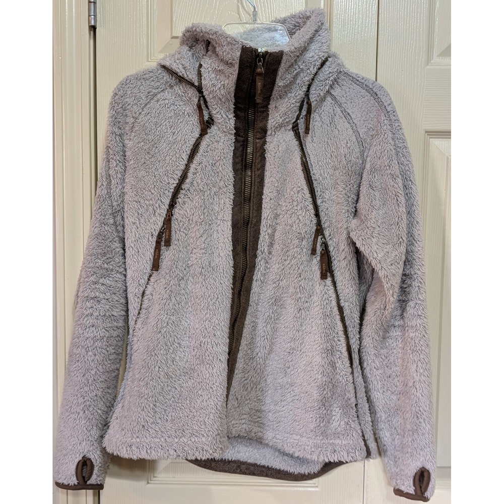 KUHL Flight Jacket soft Fuzzy Fleece Convertible Hoodie Grey Brown Gorpcore sz L